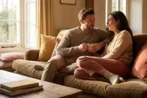 Couple assis sur un canapé, en conversation intime dans une lumière dorée, illustrant la durée de l'attirance physique