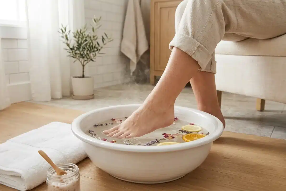 Bain antiseptique pour soulager un panaris de l'orteil Pied trempé dans un bain d'eau tiède pour traiter un panaris à l'orteil