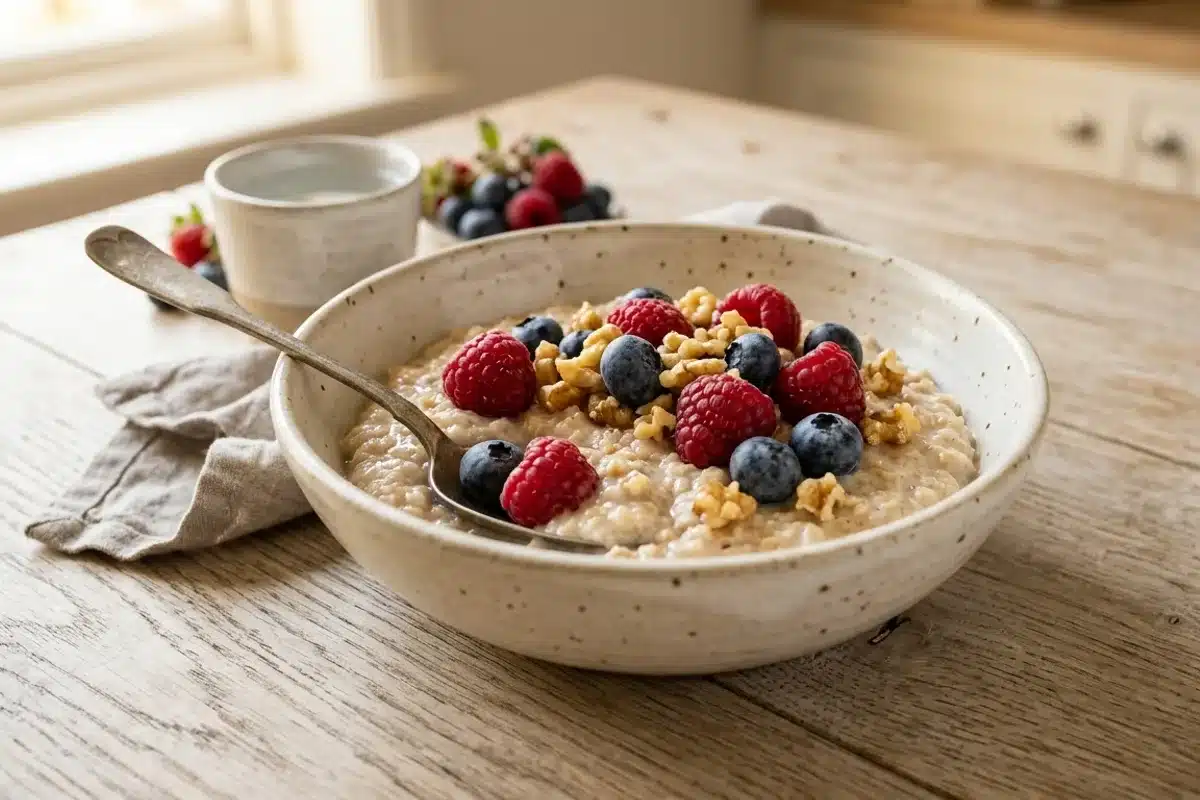 Bol de porridge à l'avoine, framboises et noix Bol de porridge d'avoine garni de framboises, myrtilles et noix concassées sur fond bois clair