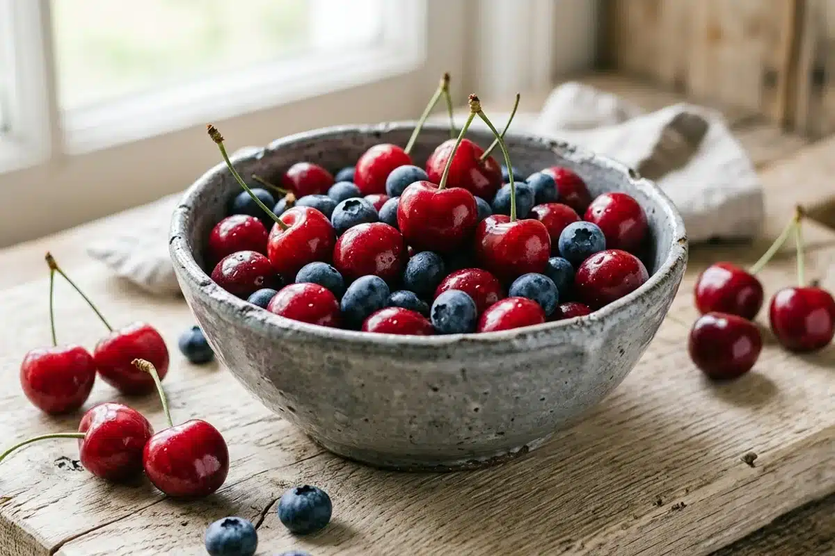 Cerises et baies rouges anti-inflammatoires pour soulager l'arthrose Bol de cerises rouges et myrtilles fraîches, antioxydants naturels bénéfiques pour les articulations arthrosiques