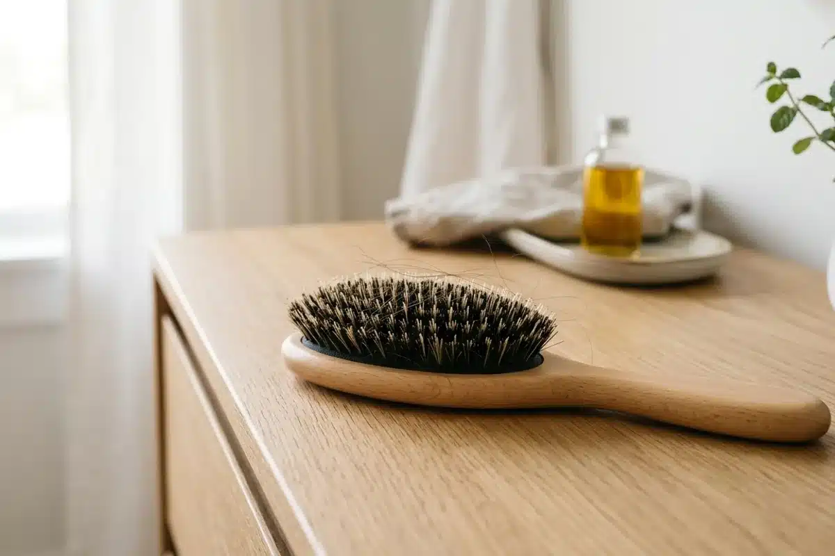 Brosse à cheveux chute saisonnière Brosse à cheveux avec quelques cheveux sur une commode en bois clair