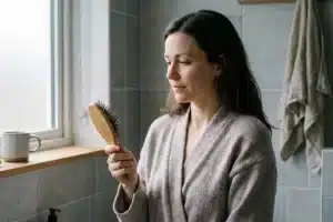 Femme d'une trentaine d'années observant des cheveux tombés sur sa brosse dans une salle de bain