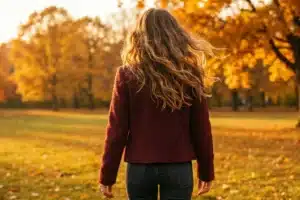 Femme de dos, cheveux longs ondulés au vent dans un parc automnal