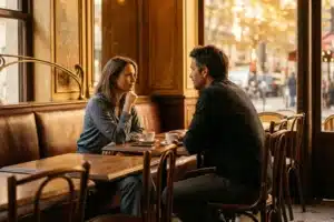 Deux adultes face à face dans un café parisien nostalgique, illustrant les signes du comportement d'un ex encore amoureux