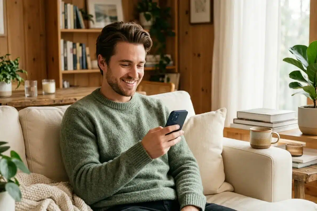 Homme souriant au téléphone dans un salon Homme souriant au téléphone depuis son canapé, illustrant le besoin de contact fréquent lors d'un coup de foudre