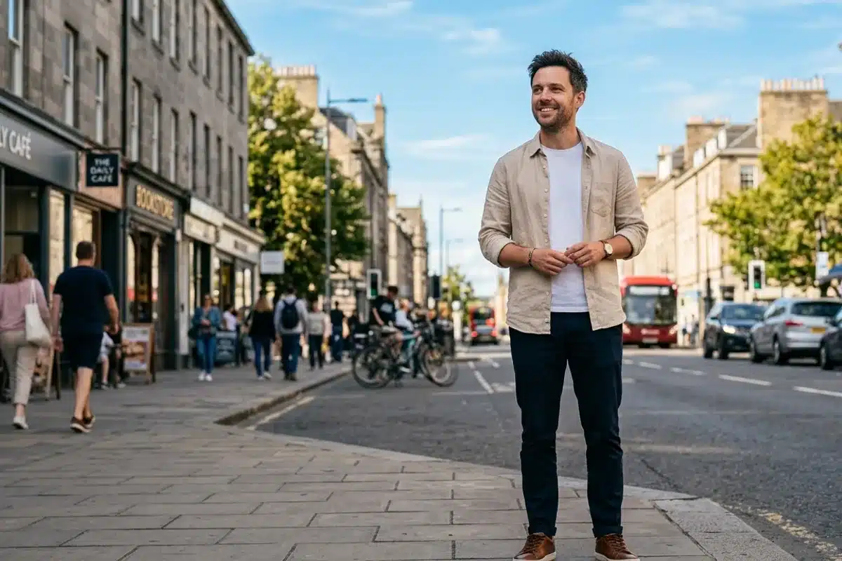 Homme avec un sourire distrait en plein air Homme avec un sourire distrait dans la rue, illustration des réactions cérébrales lors d'un coup de foudre