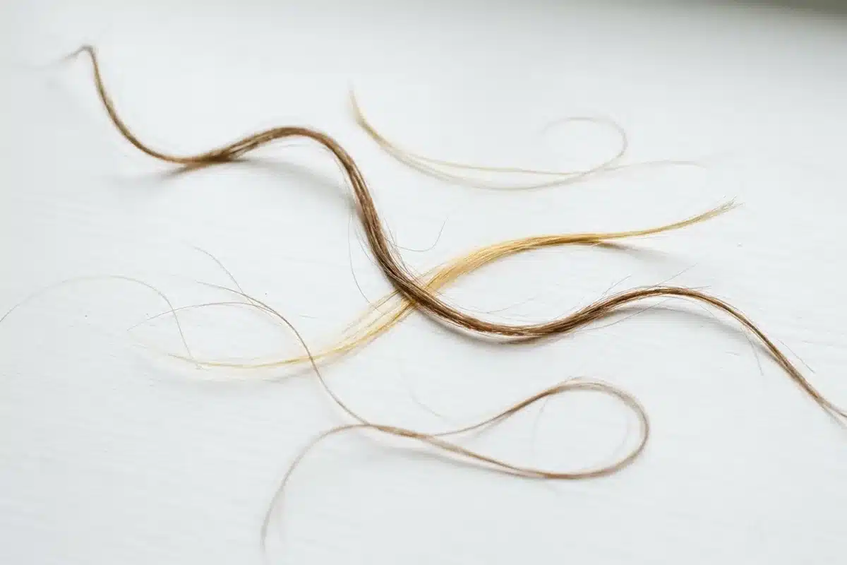 Cycle capillaire phase télogène Quelques cheveux tombés sur un fond blanc, lumière naturelle