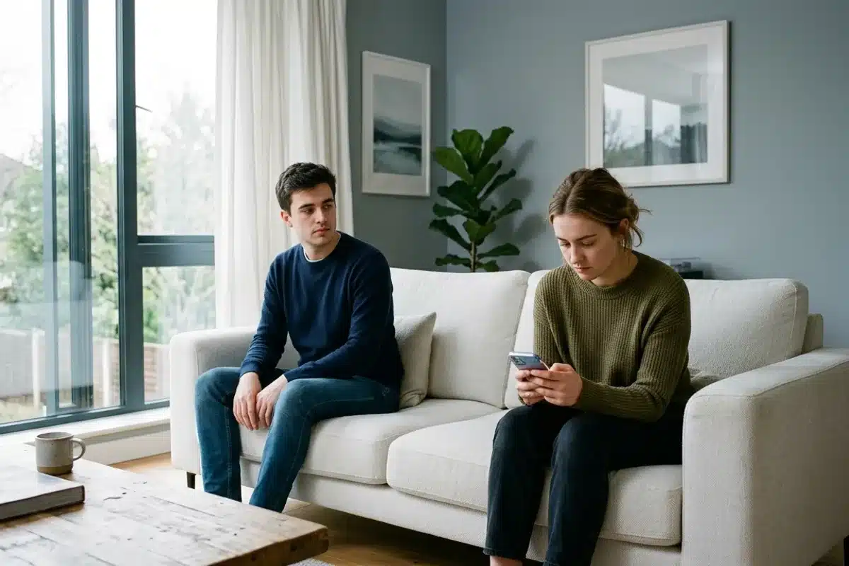 Couple dans un salon, distance émotionnelle entre désir et amour Couple assis à distance dans un salon moderne, l un regardant l autre qui regarde ailleurs