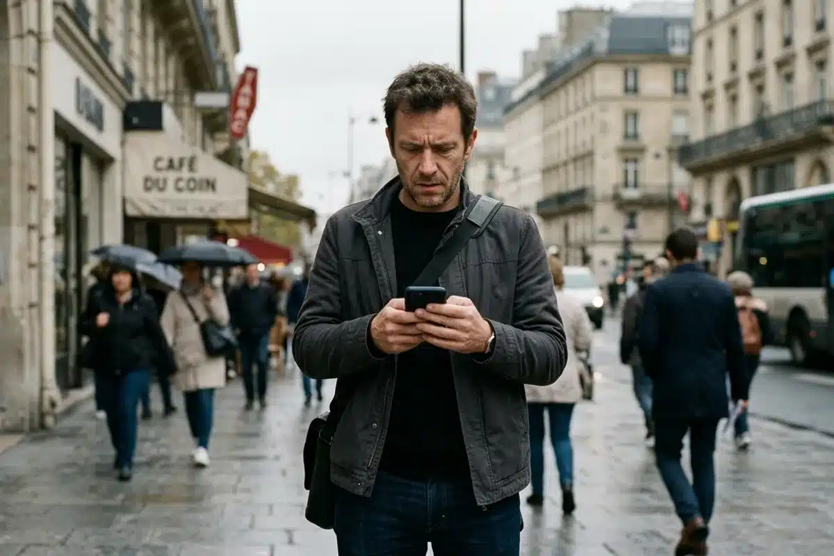 Ex encore amoureux : homme regardant son téléphone dans la rue Homme seul regardant son téléphone dans une rue parisienne, illustration d'un ex qui maintient un contact régulier