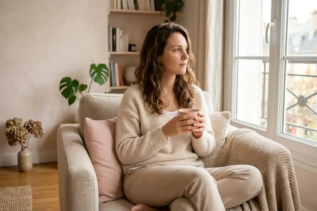 Signes d'un ex encore amoureux : femme pensive avec une tasse Femme seule dans un fauteuil, tasse à la main, regard pensif vers la fenêtre, après une rupture amoureuse