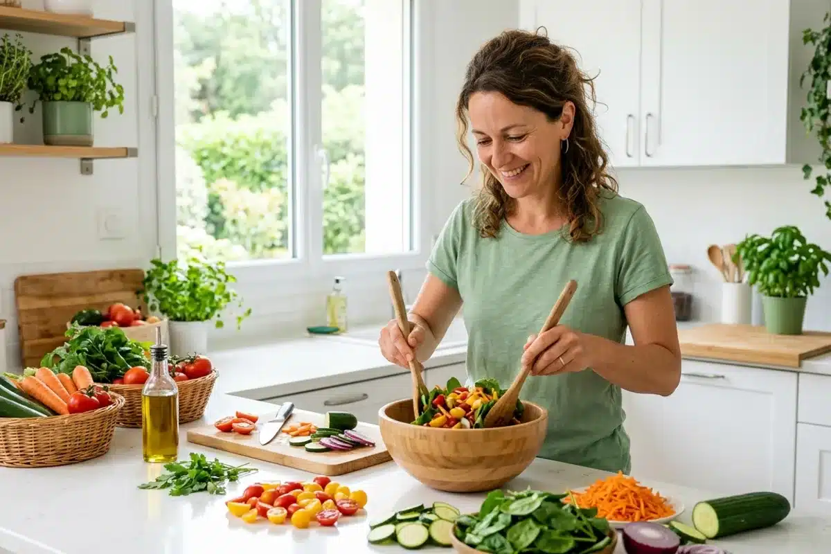 femme préparant une salade colorée avec légumes pour un régime équilibré