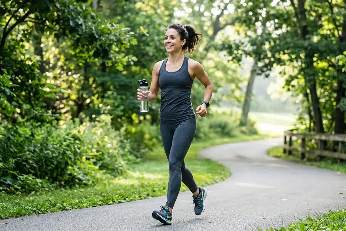 femme qui marche dans un parc pour accompagner son régime alimentaire au quotidien
