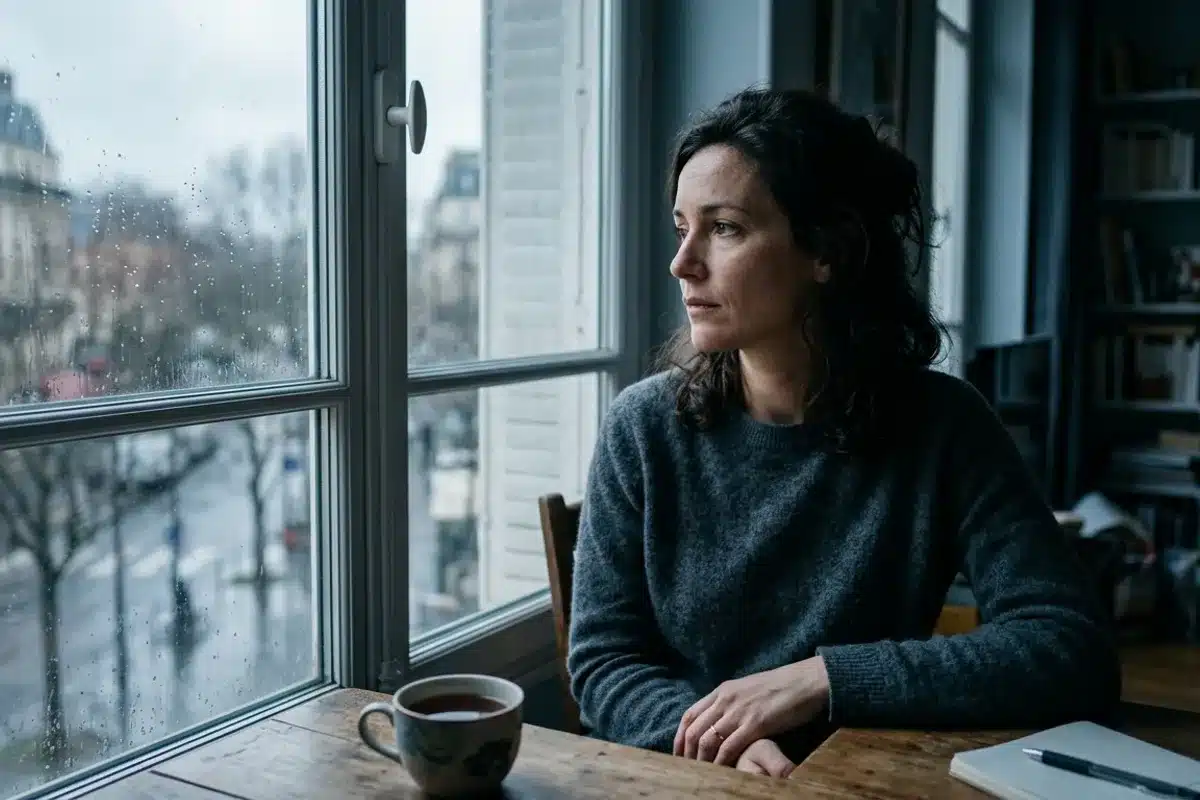 Femme pensive après une rupture Une femme songeuse regarde par la fenêtre un jour de pluie, une tasse posée devant elle