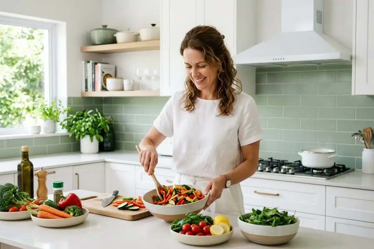 Femme préparant un repas anti-inflammatoire Femme préparant un repas équilibré avec des légumes colorés dans une cuisine moderne lumineuse