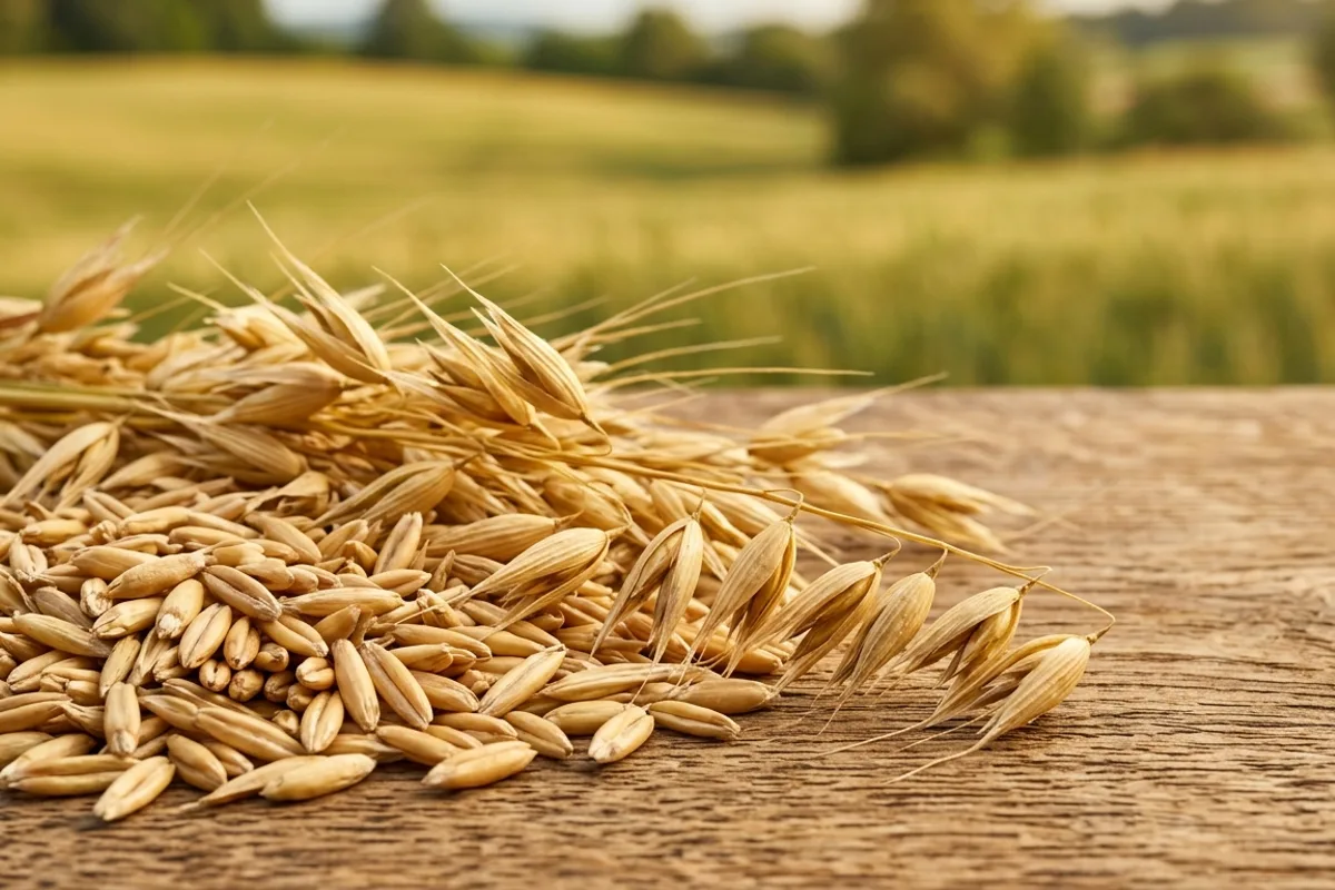 Grains d'avoine et épis sur surface en bois avec fond de champ Grains d'avoine entiers et épis sur bois avec champ en arrière-plan flou