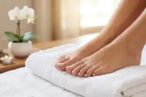 Pieds soignés posés sur une serviette avec une french pédicure aux extrémités blanches