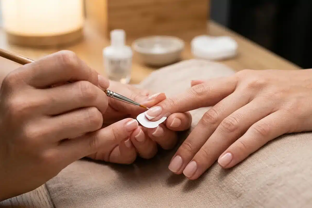 Application du trait blanc de la french sur ongles courts Application du liseré blanc de la french au pinceau avec un guide sur des ongles courts