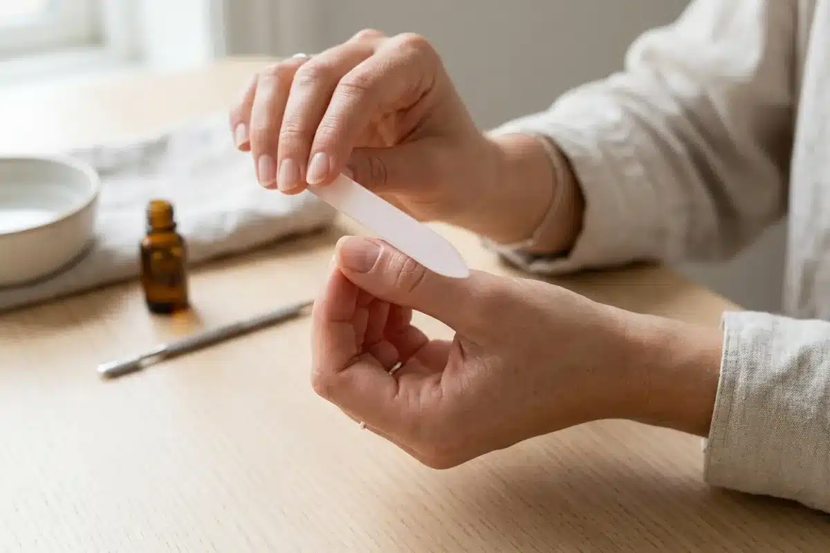 Préparation des ongles courts avant la french Mains limant des ongles naturels courts avant la pose d’une french manucure