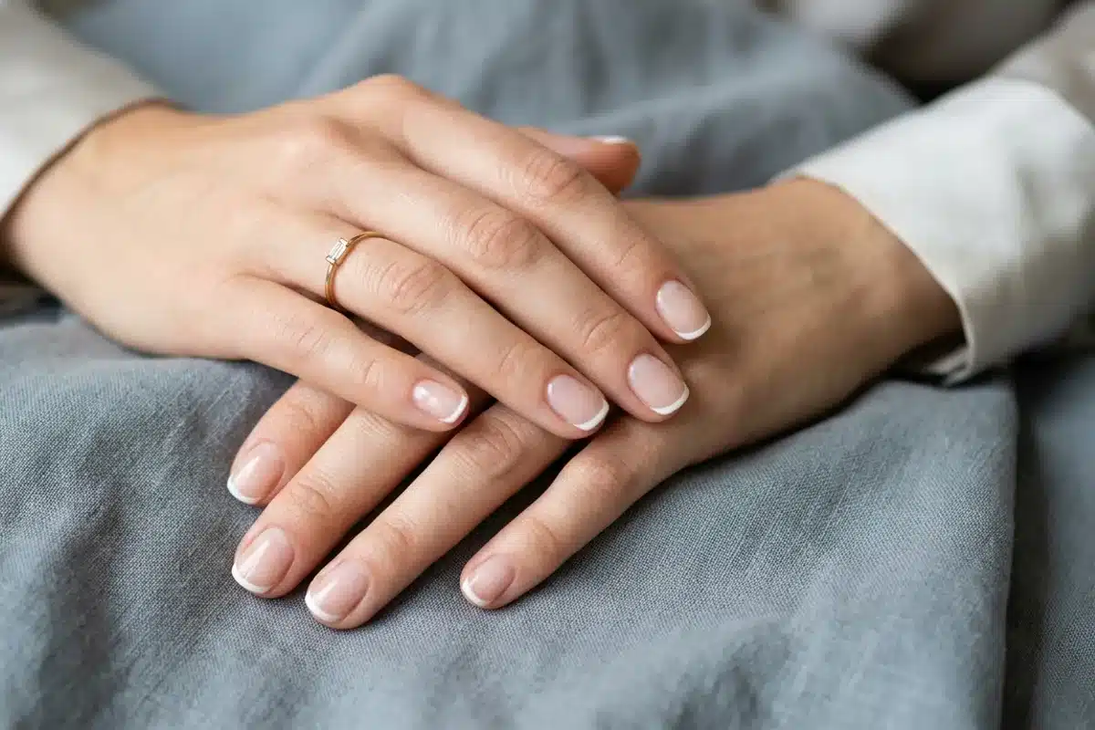 French manucure élégante sur ongles courts Mains aux ongles courts arborant une french manucure discrète et élégante