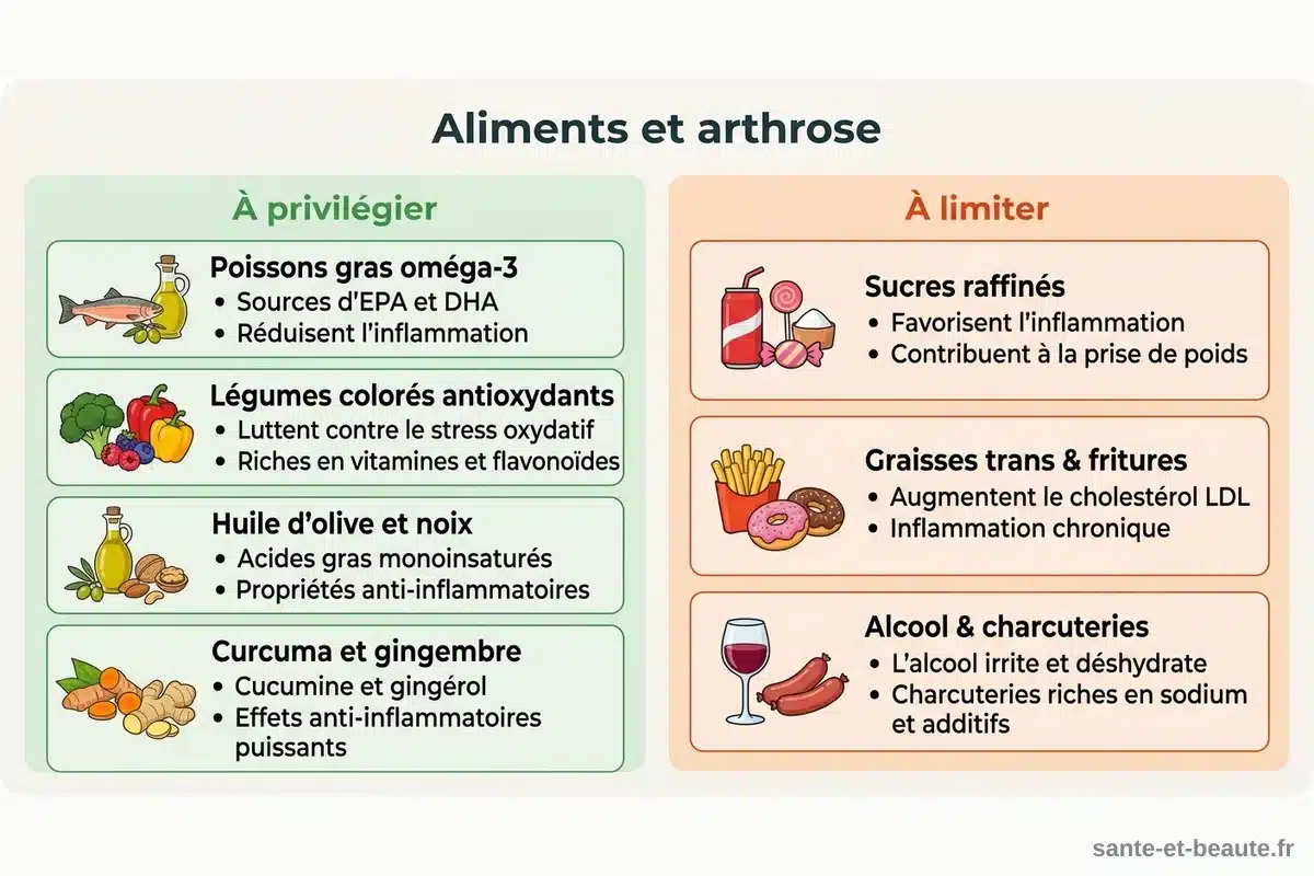 Aliments à privilégier et à limiter pour l'arthrose Infographie aliments et arthrose : tableau comparatif des aliments anti-inflammatoires à privilégier et des aliments pro-inflammatoires à limiter