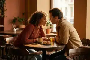 Les signes du coup de foudre chez l'homme : couple dans un café partageant un regard intense et complice