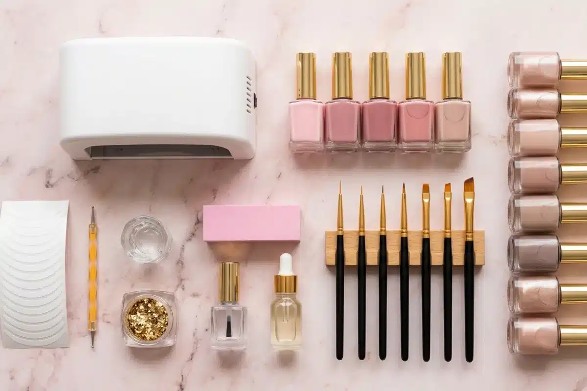 Matériel pour french manucure colorée au gel Lampe LED UV, flacons de gel coloré rose et nude, pinceaux nail art sur fond marbre rose