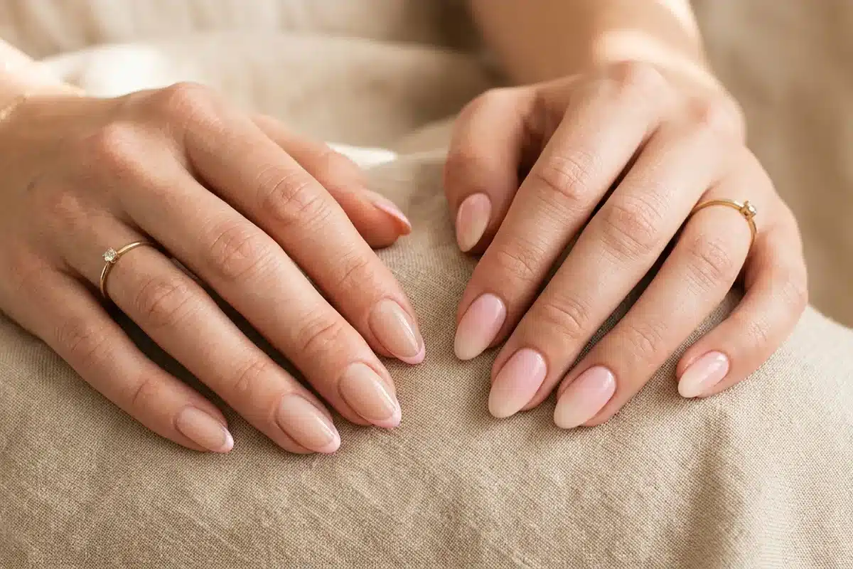 Micro-french colorée et baby boomer ongles comparaison Deux mains côte à côte montrant micro-french rose et technique baby boomer dégradé nude