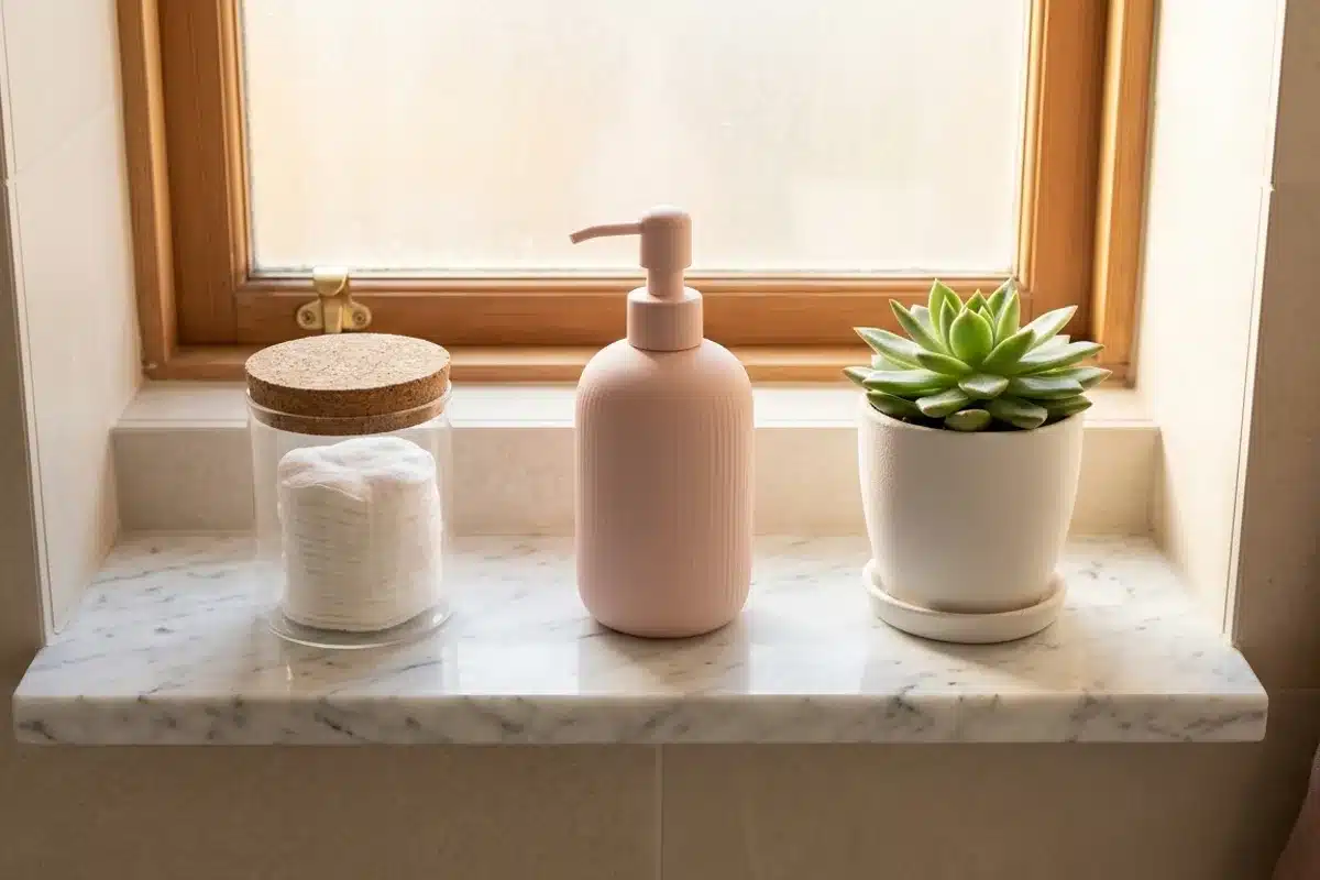 Accessoires d'hygiène intime en salle de bain : cotons, soin surgras et succulente sur marbre blanc