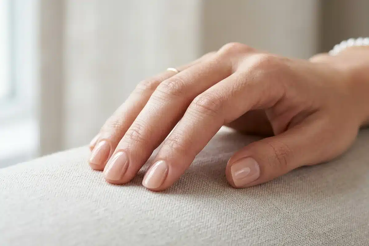 Résultat d'une manucure en gel brillante Main aux ongles en gel brillants dans une teinte nude, posée sur un tissu clair