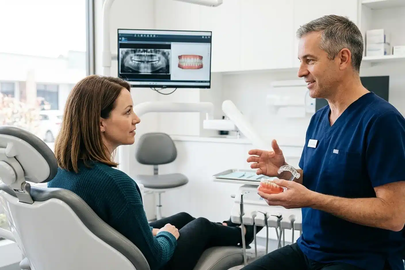 Consultation orthodontiste pour adulte : étapes du traitement Patiente en consultation chez un orthodontiste pour traitement adulte