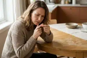 Panaris au doigt : femme regardant son doigt avec inquiétude