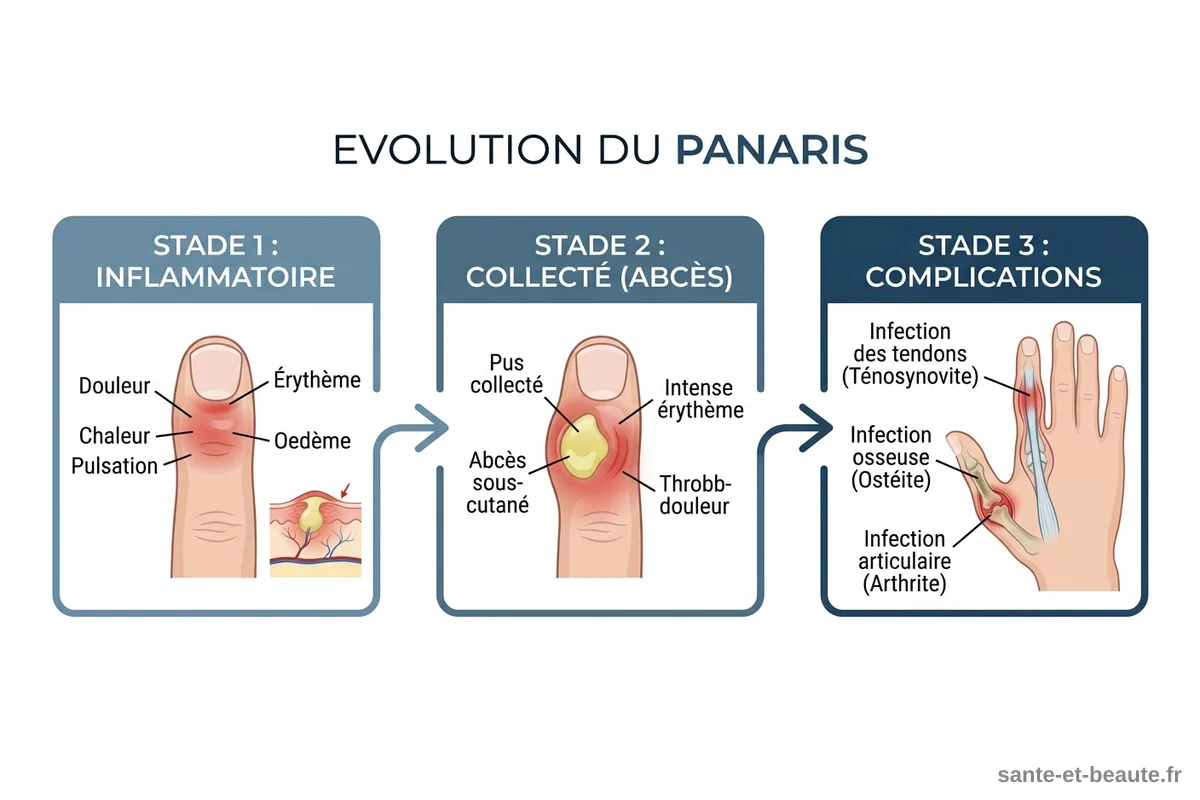 Infographie médicale des 3 stades du panaris : inflammatoire, collecté, complications