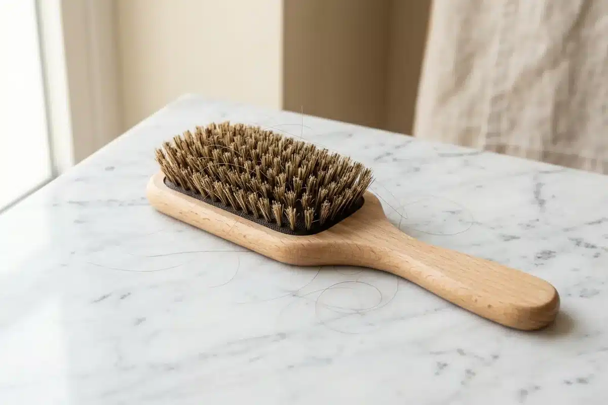 Brosse à cheveux sur marbre illustrant la chute de cheveux à la ménopause Brosse à cheveux en bois sur marbre blanc avec cheveux épars illustrant la chute capillaire