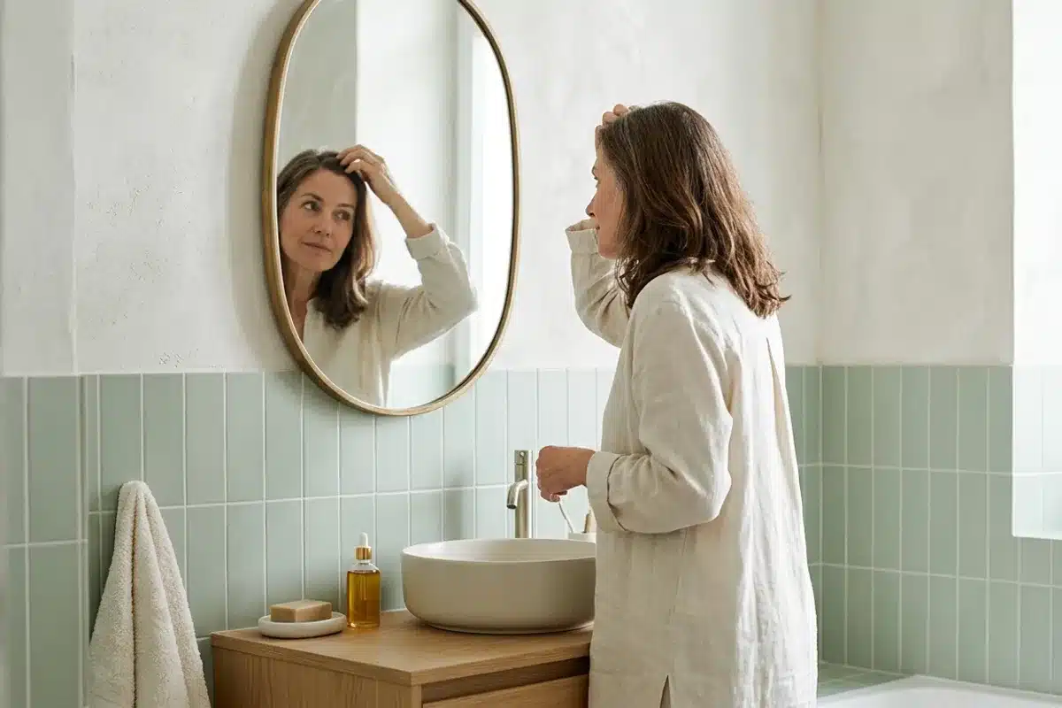 Femme examinant ses cheveux dans un miroir, perte de cheveux ménopause Femme de 50 ans examinant la raie de ses cheveux dans un miroir ovale en salle de bain