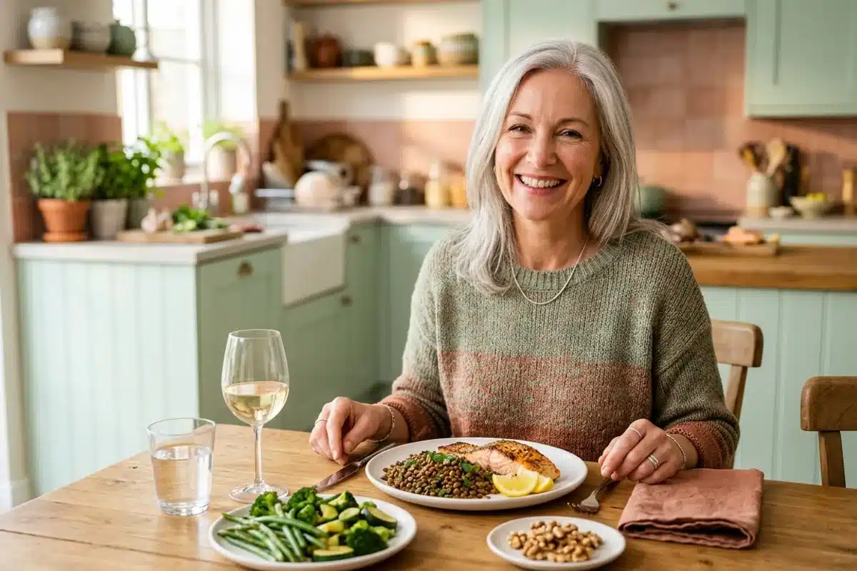 Repas équilibré pour lutter contre la chute de cheveux à la ménopause Femme de 50 ans devant un repas équilibré riche en protéines et en fer pour la santé des cheveux