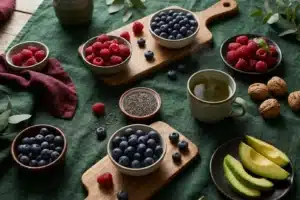Plateau de petit-déjeuner anti-inflammatoire avec baies, graines de chia, noix et thé vert sur fond lin