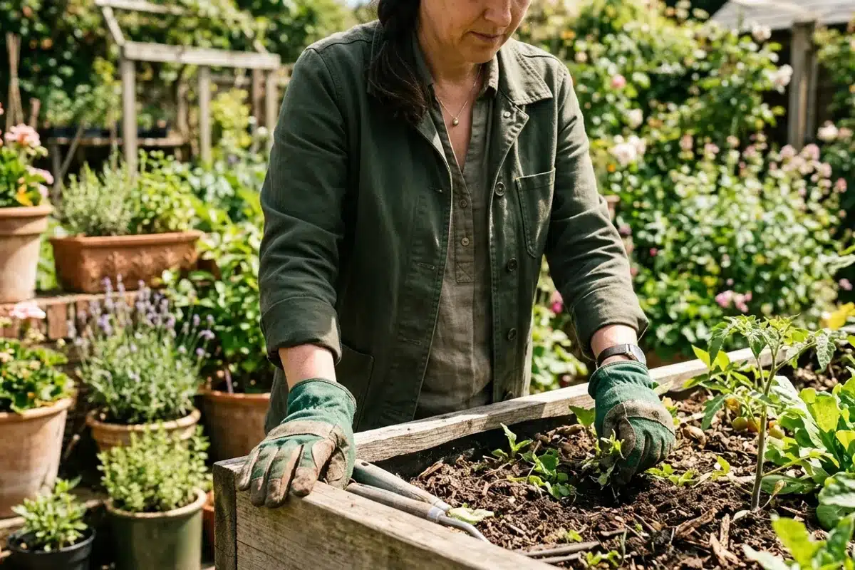 Personne portant des gants de jardinage verts dans un jardin verdoyant