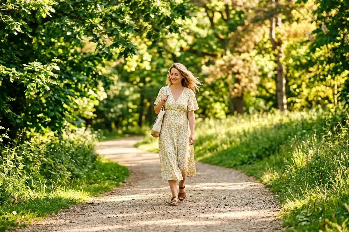 Que faire quand son ex est encore amoureux : femme marchant dans un parc Femme marchant seule avec confiance dans un parc ensoleillé, illustrant comment aller de l'avant après avoir identifié les signes d'un ex encore amoureux