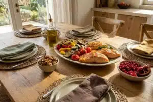 Table de cuisine avec aliments anti-inflammatoires : saumon, légumes, huile d'olive et fruits rouges pour un régime anti-inflammatoire perte de poids