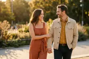Relation amoureuse : un couple souriant marche main dans la main dans un parc au coucher du soleil