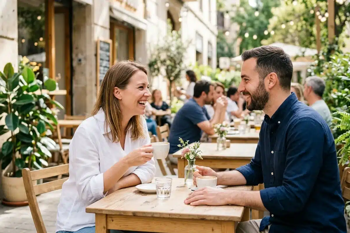 Rencontre autour d'un café en terrasse Un homme et une femme discutent en souriant autour d'un café à la terrasse d'un café