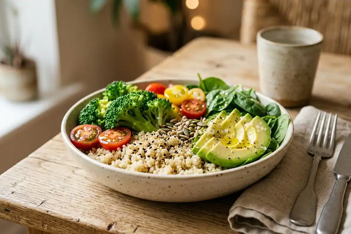 Bol de repas équilibré anti-acné composé de quinoa, légumes colorés, avocat et graines sur surface bois clair