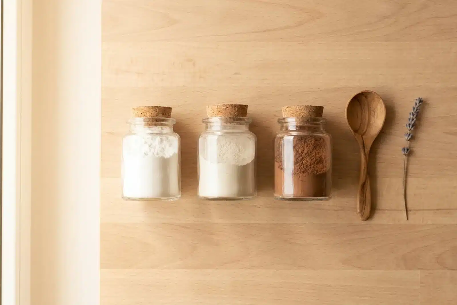 Shampoing sec maison : pots de poudres naturelles Trois pots en verre de poudres (fécule, argile, cacao) pour préparer un shampoing sec maison
