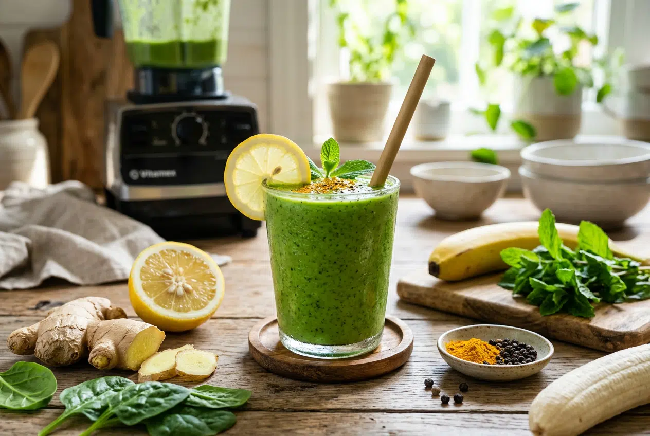 Smoothie anti-inflammatoire citron-gingembre-épinards Smoothie vert anti-inflammatoire au citron, gingembre et épinards dans un verre