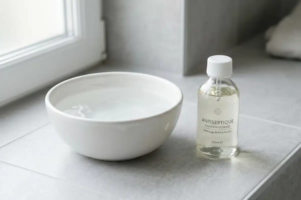 Bain antiseptique pour panaris Bol blanc avec solution antiseptique et flacon de désinfectant posés sur carrelage gris, traitement panaris débutant