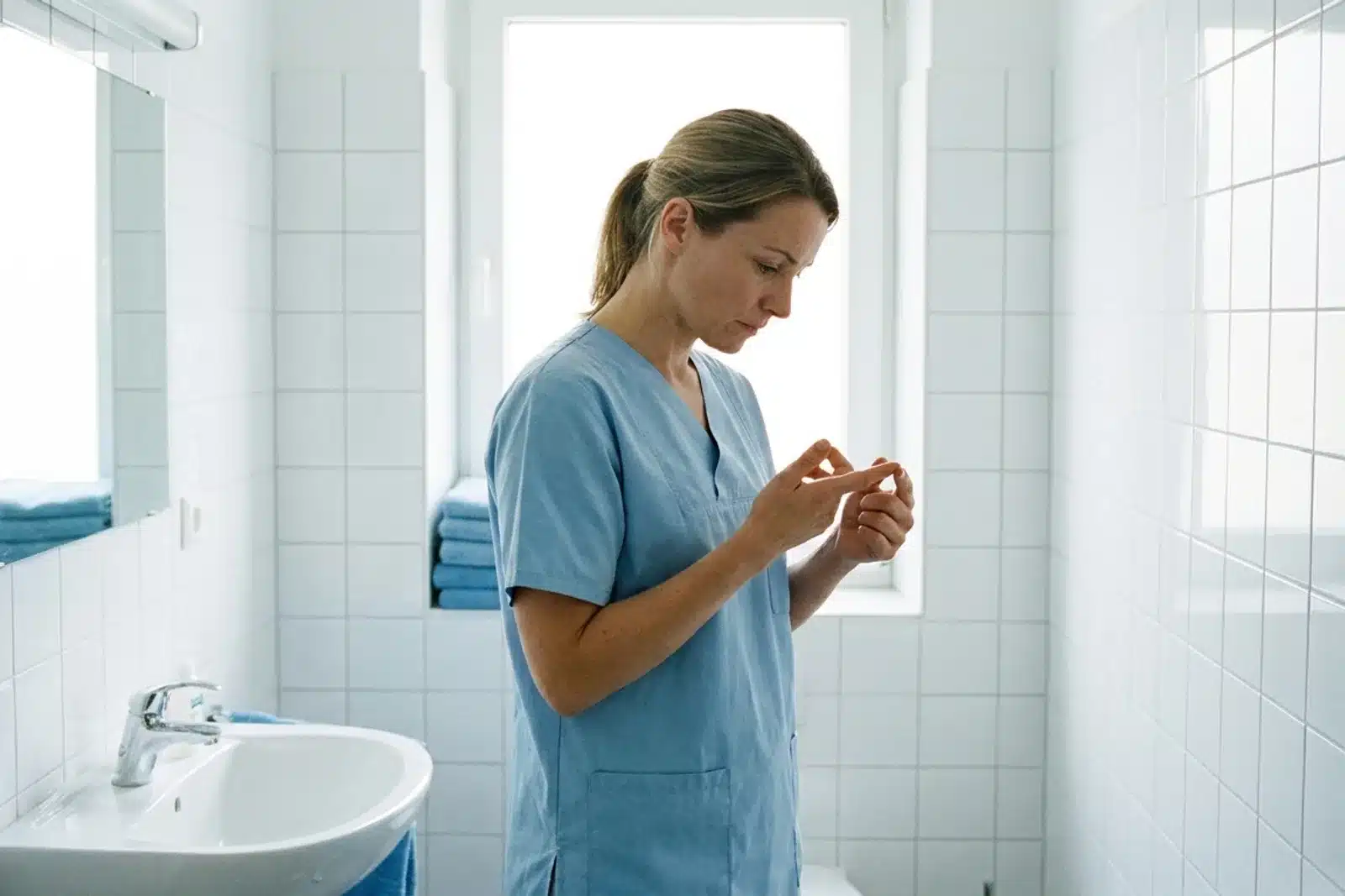 Personne en tenue médicale bleue examinant son doigt dans une salle de bain blanche pour soigner un panaris