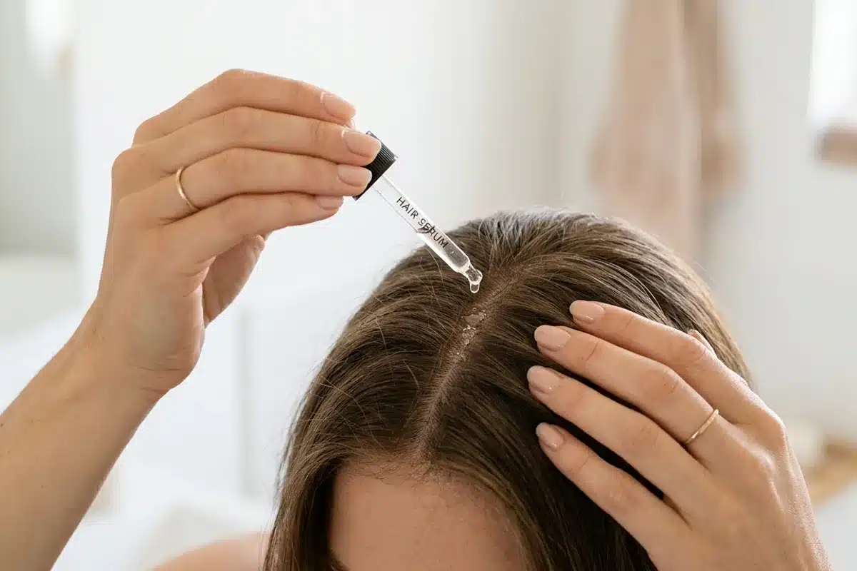 Application de lotion capillaire sur le cuir chevelu pour traiter l'alopécie Mains féminines appliquant un sérum capillaire sur le cuir chevelu dans le cadre d'un traitement de l'alopécie