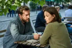 Un homme à une terrasse de café regardant une femme avec intensité, illustrant la question désir ou amour