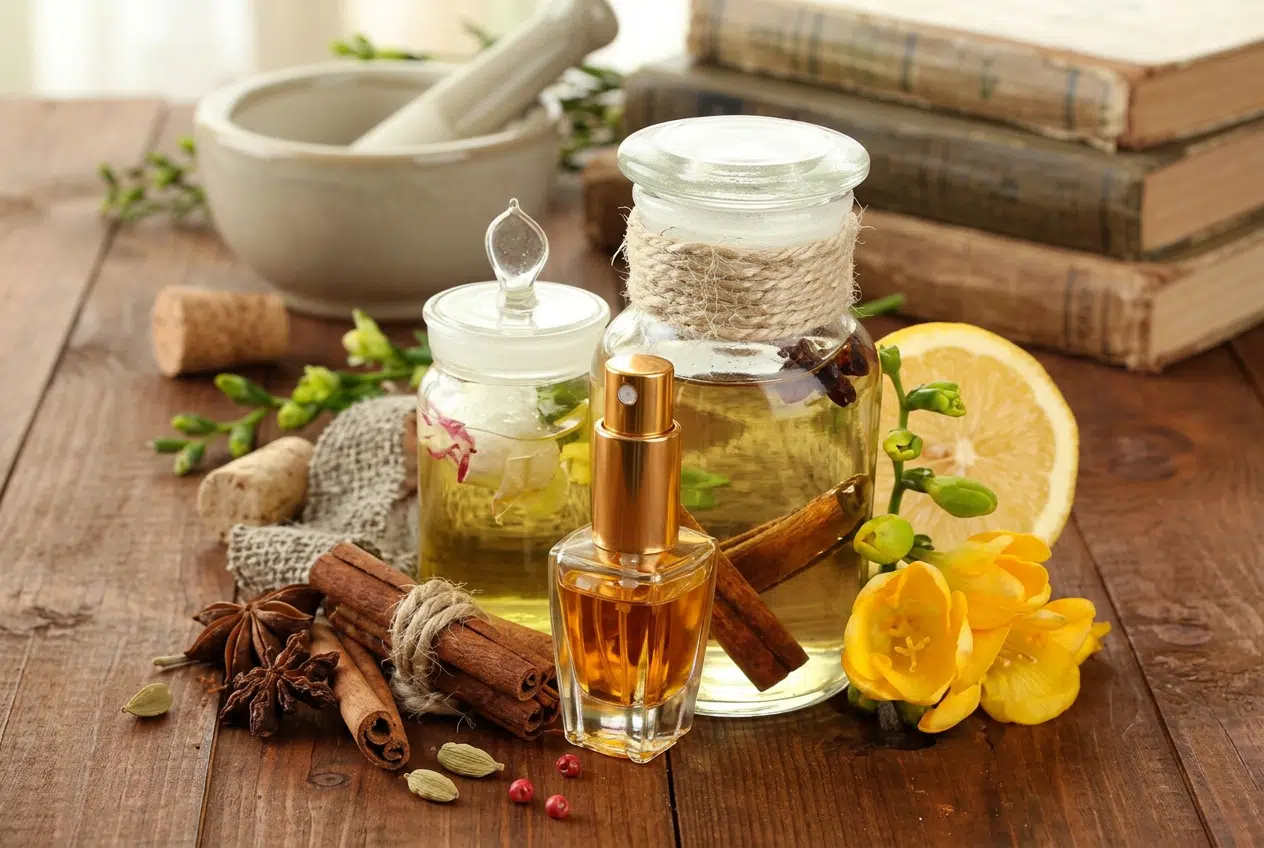 Synergie anti-stress Flacons d'huiles essentielles, lavande et galets pour un mélange anti-stress