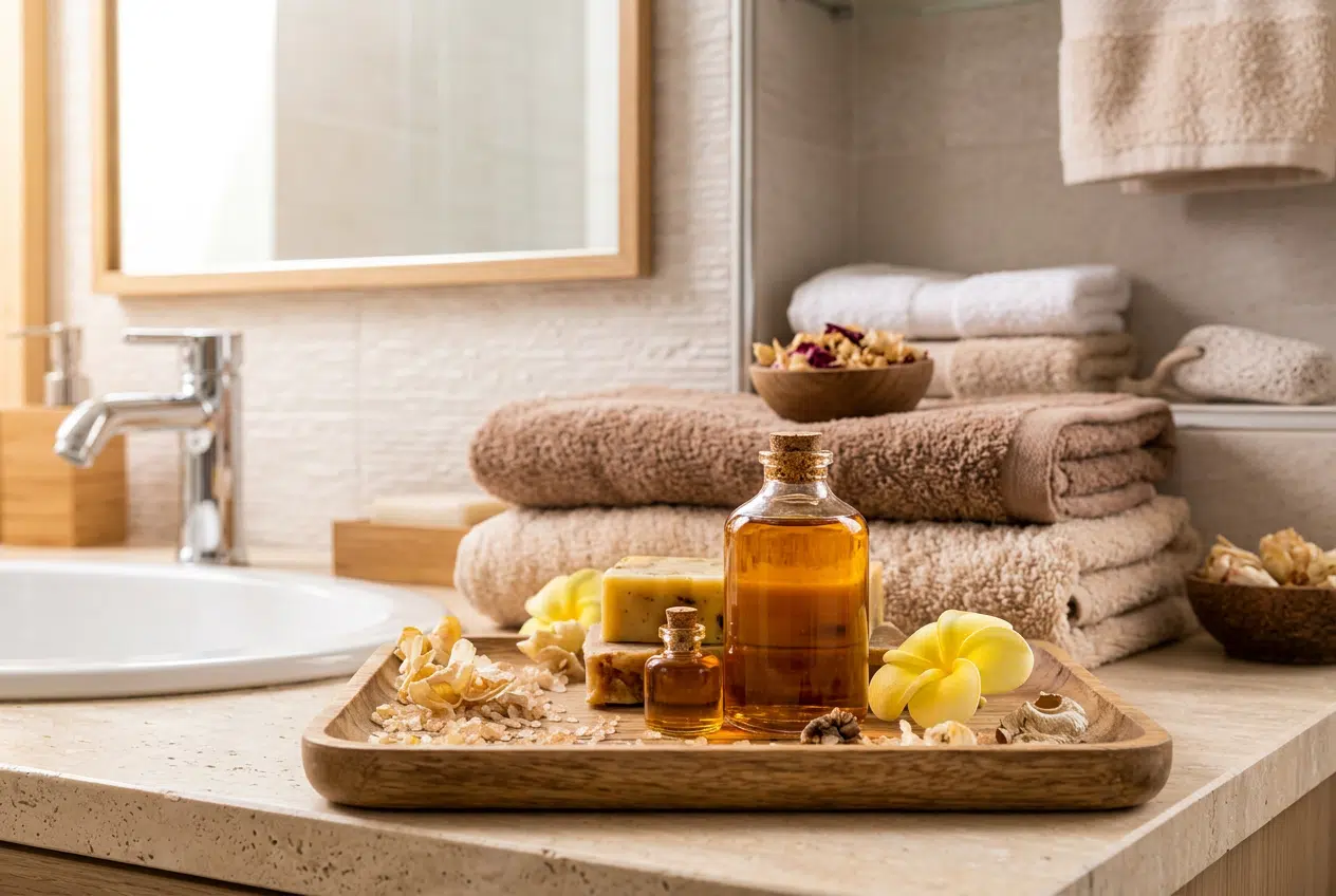 Aromathérapie et bien-être Huiles essentielles et serviettes dans une ambiance de bien-être